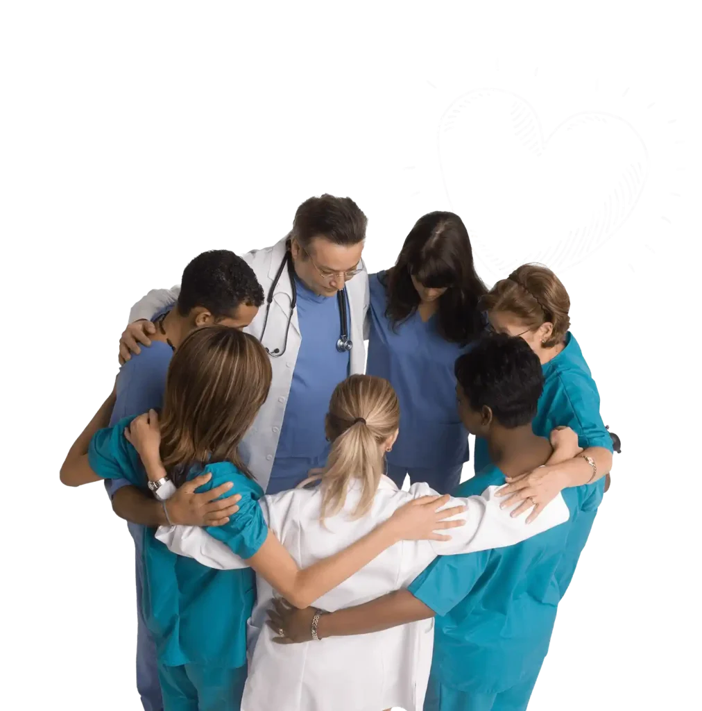 A team of nurses group huddling with a heart illustration in the back.